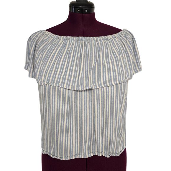 Women's Billabong Off the Shoulder Cropped Blue & Cream Rayon Blouse- Size Large - Picture 1 of 9